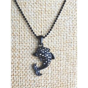 Y2K Dolphin Pendant Necklace Black Rhinestones Chain Luck Love Dainty Mermaid